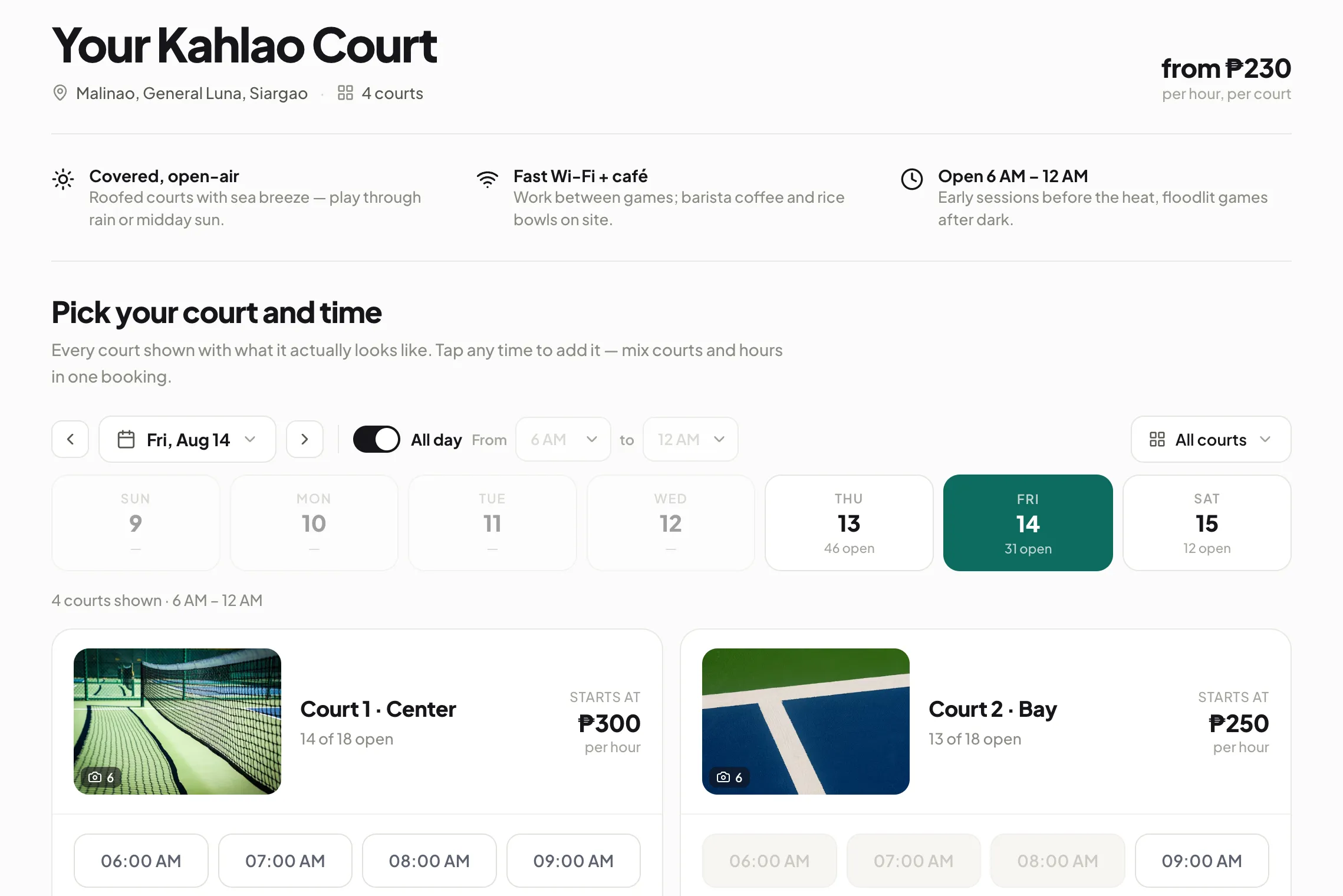 A court's own Kahlao booking page: the venue's name, its rates, and every court's free hours