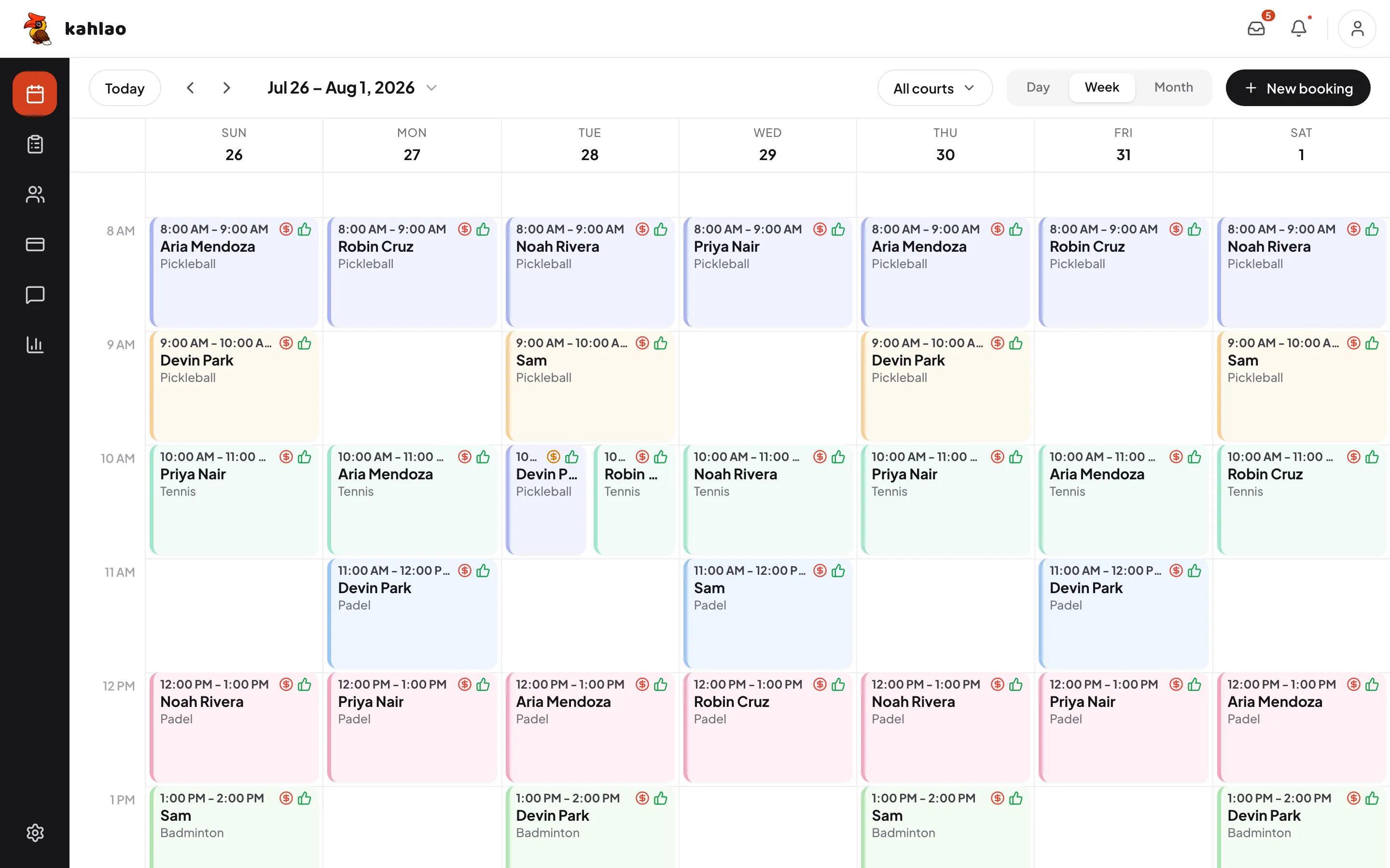The Kahlao calendar showing online, phone and walk-in bookings side by side