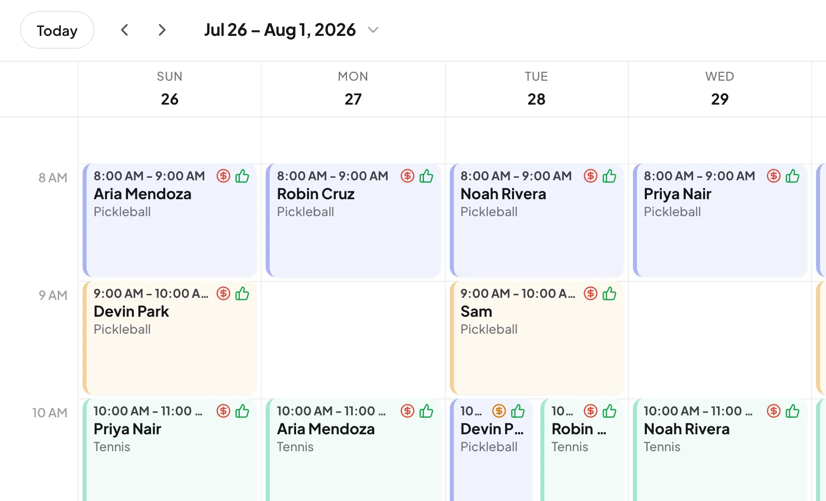 A week of bookings in one calendar: every day filled in, each court in its own colour.